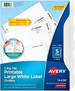 Photo 1 of Avery Big Tab Printable Large White Label Dividers with Easy Peel, 5 Tabs, 4 Sets (14438)