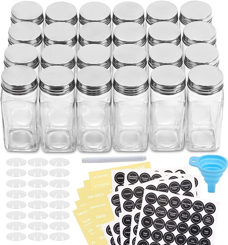 Photo 1 of AOZITA 24 Pcs Glass Spice Jars/Bottles - 4oz Empty Square Spice Containers with Spice Labels - Shaker Lids and Airtight Metal Caps - Silicone Collapsible Funnel Included