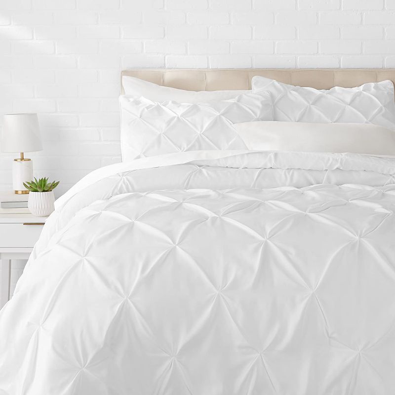 Photo 1 of Amazon Basics Pinch Pleat Down-Alternative Comforter Bedding Set - King, Bright White (2pillow cover include)