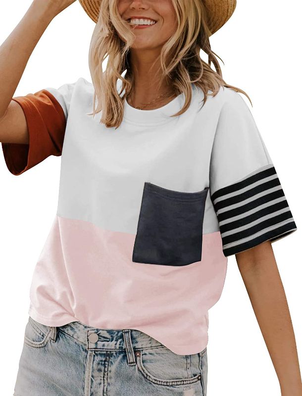 Photo 1 of Minclouse Women's Summer Short Sleeves T Shirts Stripe Color Block Casual Tops Cute Crew Neck Tees with Pocket SMALL
