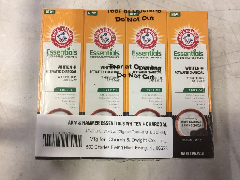 Photo 2 of Arm & Hammer Essentials FluorideFree Toothpaste Whiten + Activated Charcoal 4 Pack of 4.3oz Tubes Clean 100 Natural Baking Soda, Mint, 17.2 Ounce exp 3/2022
