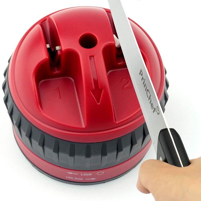 Photo 1 of Safest Knife Sharpener, One-Hand-Done-Sharpening Non Slip with Suction Cup, Premium Knife Sharpen Tool for Straight Smooth Blades Knives, Quick and Easy Kitchen Manual Sharpening for Razor Sharp,Red
