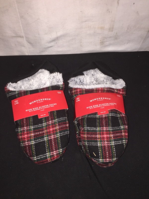 Photo 1 of Adult Tartan Plaid Fleece Lined Pull-on Slipper Socks with Huggable Heel & Grippers - Wondershop, SIZE L/XL, 2 COUNT