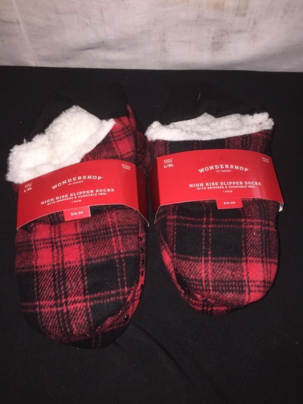 Photo 1 of Adult Plaid Sherpa Lined Pull-on Slipper Socks with Huggable Heel & Grippers - Wondershop™ Red/Black, SIZE, L-XL, 2 COUNT