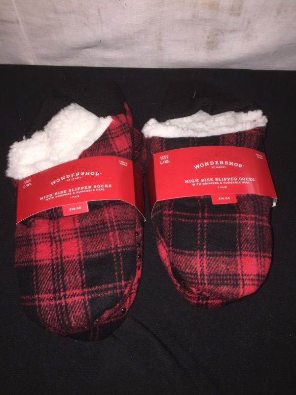 Photo 2 of Adult Plaid Sherpa Lined Pull-on Slipper Socks with Huggable Heel & Grippers - Wondershop™ Red/Black, SIZE, L-XL, 2 COUNT