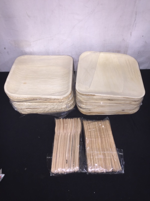 Photo 2 of 50 8" Disposable Square Palm Leaf Plates + 100 Cutlery (50 Forks, 50 Knives) - Better Than Bamboo or Wood Plates. Heavy Duty, 100% Compostable & Biodegradable Eco Friendly Party Plates (8 inch)