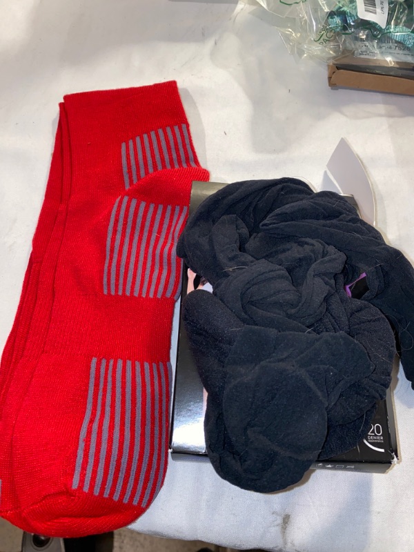 Photo 1 of 2PC LOT
JMS SILKY SHEER BLACK STOCKINGS , SIZE 3X/4X, USED HAS HAIR ON IT 

HIGH RED AND GREY SOCKS, SIZE UNKNOWN