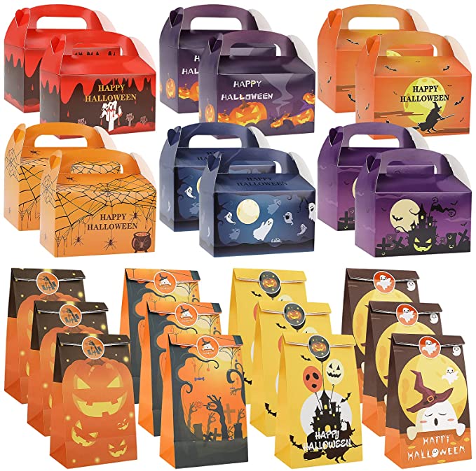 Photo 1 of 24PCS Halloween Cardboard Treat Boxes, Trick or Treat Kids Paper Gift Bags, Haunted House Gable Cookie Candy Boxes with Stickers Spider Witches Jack-o-Lantern for Halloween Party Favor Supplies