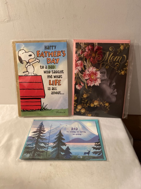 Photo 1 of 3PC LOT
Hallmark Mahogany Mothers Day Card from Son or Daughter (We Couldn't Be More Thankful) (799MBC2224)

Hallmark Funny Peanuts Fathers Day Card for Dad (What Life is All About)

Hallmark Paper Wonder Pop Up Fathers Day Card for Dad (Mountains)