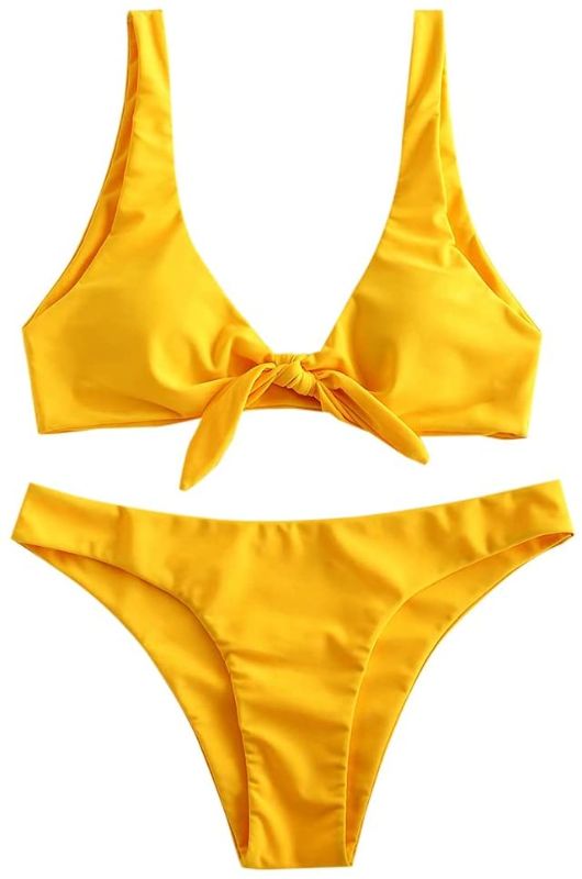 Photo 1 of ZAFUL Womens Solid Color Strap Padded Front Knot Bikini Set, SIZE M