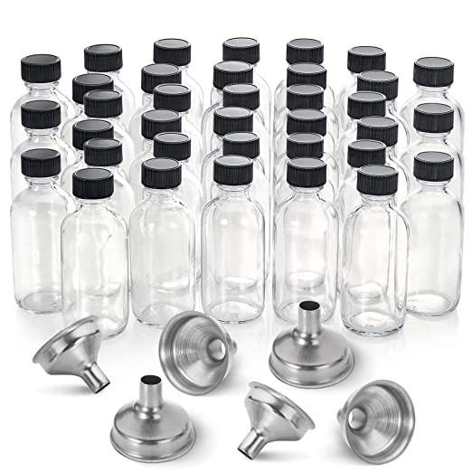 Photo 1 of 36, 2 oz Small Clear Glass Bottles (60ml) with Lids & 3 Stainless Steel Funnels - Boston Round Sample Bottles for Potion, Juice, Ginger Shots, Oils, Whiskey, Liquids - Mini Travel Bottles, NO Leakage