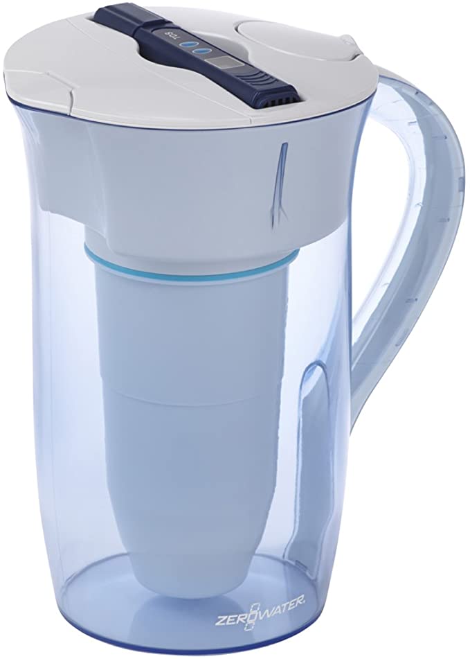 Photo 1 of ZeroWater 10 Cup Ready-Pour Round 5-Stage Water Filter Pitcher NSF Certified to Reduce Lead, Other Heavy Metals and PFOA/PFOS, White and Blue