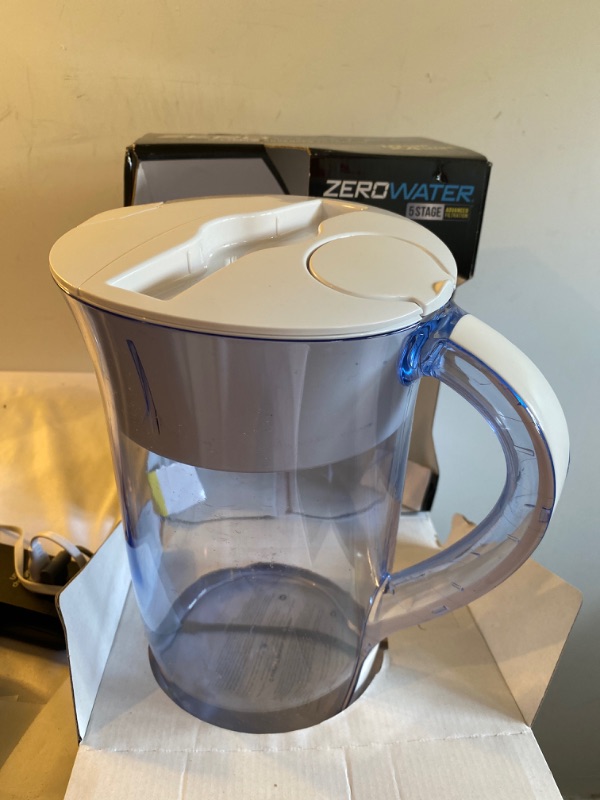 Photo 2 of ZeroWater 10 Cup Ready-Pour Round 5-Stage Water Filter Pitcher NSF Certified to Reduce Lead, Other Heavy Metals and PFOA/PFOS, White and Blue