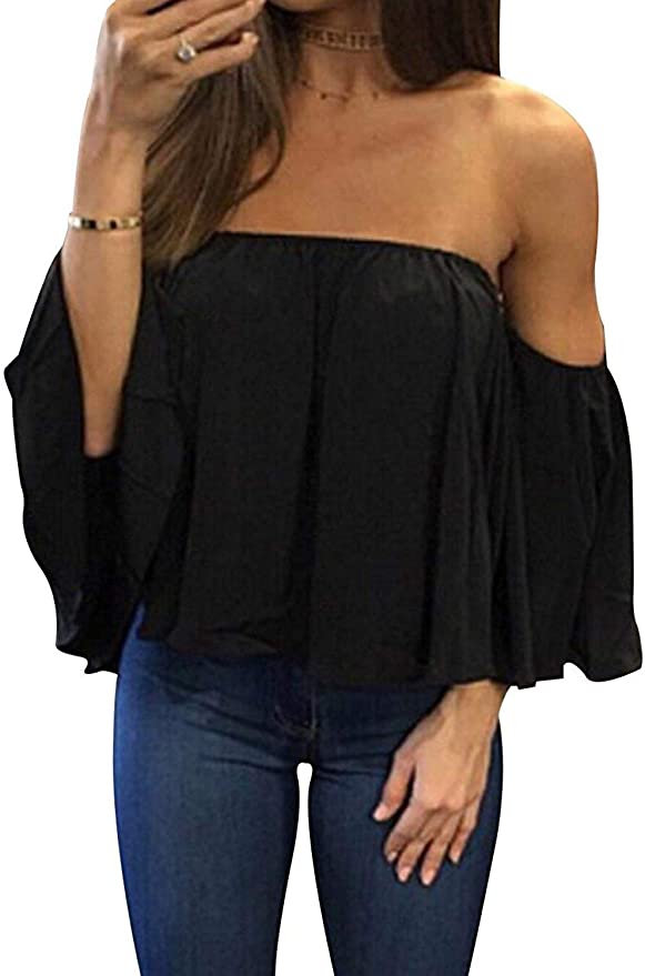 Photo 1 of Bluetime Women Summer Off Shoulder Chiffon Blouses Ruffles Short Sleeves Sexy Tops Casual T Shirts, SIZE 2XL