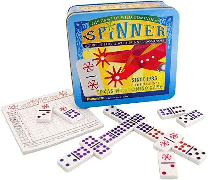 Photo 1 of Spinner: The Game of Wild Dominoes, Double 9 Set Plus 11 Wild Spinner Tiles Board Game, Tin Box Carrying Case