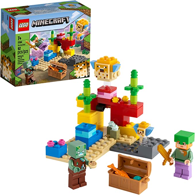 Photo 1 of LEGO Minecraft The Coral Reef 21164 Hands-on Minecraft Marine Toy Featuring Alex, a Drowned and 2 Cool Puffer Fish, New 2021 (92 Pieces)
