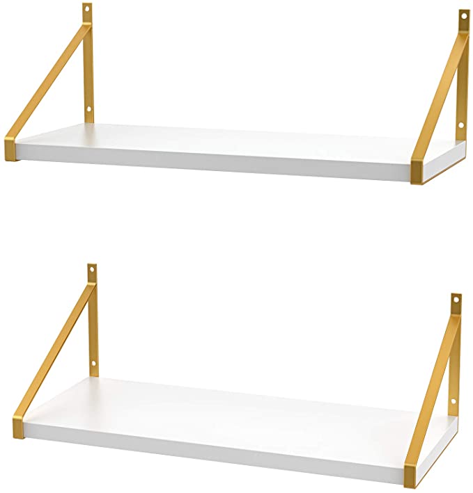 Photo 1 of AMADA HOMEFURNISHING White Floating Shelves, Wall Mounted Shelf with Golden Metal Brackets Set of 2 for Bedroom, Bathroom, Living Room- AMFS11