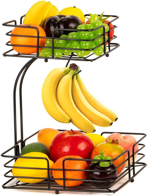 Photo 1 of Auledio 2-Tier Square Countertop Fruit Vegetables Basket Bowl Storage With Banana Hanger, Black