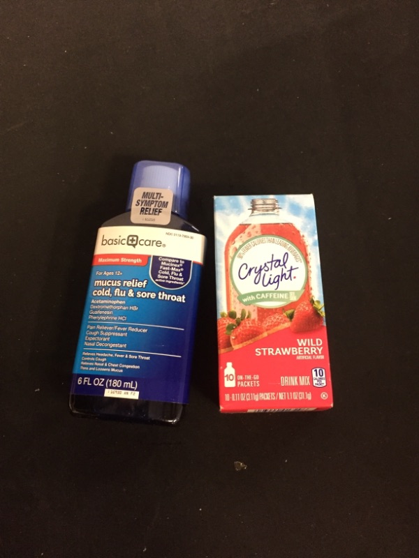 Photo 3 of 2PC LOT
Amazon Basic Care Mucus Relief Cold, Flu & Sore Throat; Helps Relieve Common Cold and Flu Symptoms, 6 Fluid Ounces
EXP 02/2022

Crystal Light Sugar Free Wild Strawberry Powdered Drink Mix, 10 ct - 0.11 oz Pac, EXP 07/23/2023