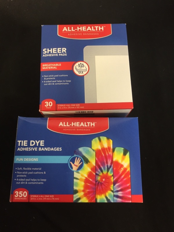 Photo 3 of 2PC LOT
All Health Tie Dye Adhesive Bandages.75 in x 3 in, 350 ct | Fun Colorful Designs for Minor Cuts & Scrapes, First Aid, and Wound Care

All Health Antibacterial Sheer Adhesive Pad Bandages, 3 in x 4 in, 30 ct | Helps Prevent Infection, Extra Large C