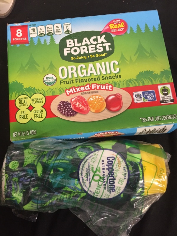 Photo 1 of 2PC LOT
BLACK FOREST MIXED FRUIT 8PK, EXP 10/28/2021

Coppertone Limited Edition ULTRA GUARD Sunscreen Lotion Broad Spectrum SPF 30 (8 fl. oz.) (Packaging may vary), EXP 02/2022

