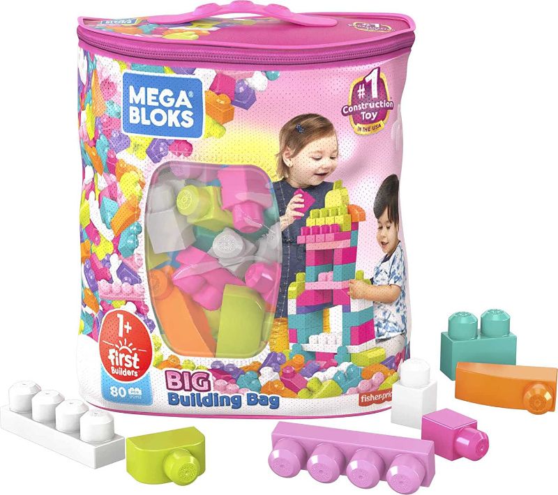 Photo 1 of Mega Bloks First Builders Big Building Bag with Big Building Blocks, Building Toys for Toddlers (80 Pieces) - Pink Bag
