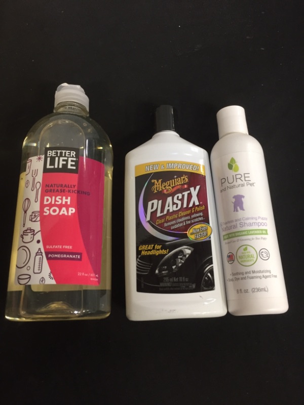 Photo 4 of 3 PC LOT
Better Life Sulfate Free Dish Soap, Tough On Grease & Gentle On Hands, Pomegranate, 22 Oz

Meguiar's G12310 PlastX Clear Plastic Cleaner & Polish, 10 Fluid Ounces

Pure and Natural Pet - Tearless and Calming Puppy Natural Shampoo Lavender 8 oz, C