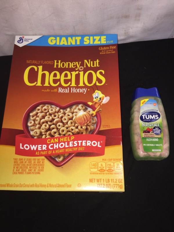 Photo 3 of 2PC LOT
TUMS Naturals Ultra Strength Antacid Chews for Heartburn Relief, Black Cherry & Watermelon - 190 Count
, EXP 02/2023

Cheerios Breakfast Cereal, Honey Nut Cheerios with Oats, Gluten Free, 27.2 oz, EXP 05/16/2022
