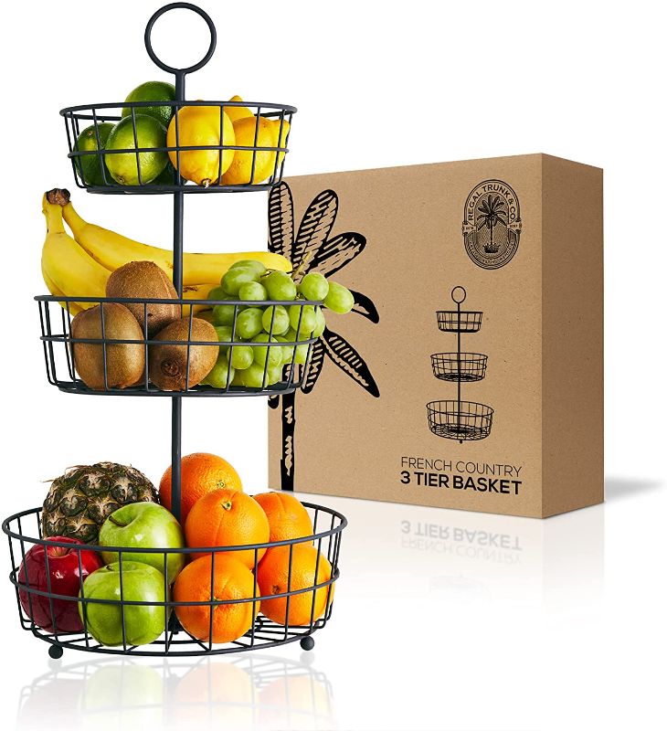 Photo 1 of 3 Tier Fruit Basket - French Country Wire Baskets by REGAL TRUNK & CO. | Three Tier Wire Basket Stand for Storing Veggies, Bread & More | Tiered Fruit Basket for Countertop or Hanging | Metallic Frame
