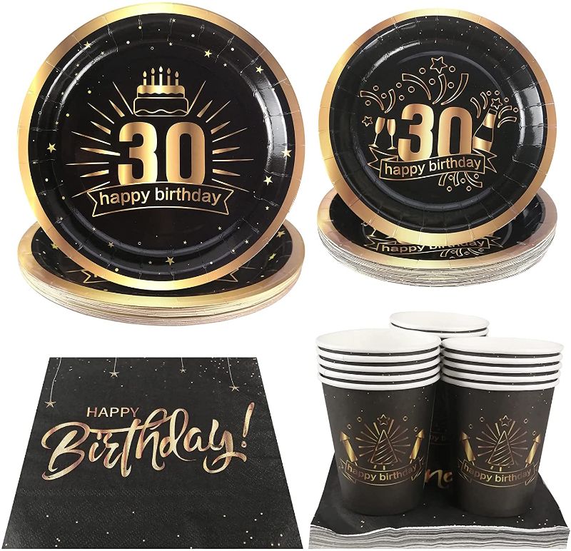 Photo 1 of Cieovo 30th Birthday Party Tableware Set for 16 Guests Including Dinner Plates, Dessert Plates, Lunch Napkins and Cups for 30 Years Old Birthday Party Supplies Decorations
