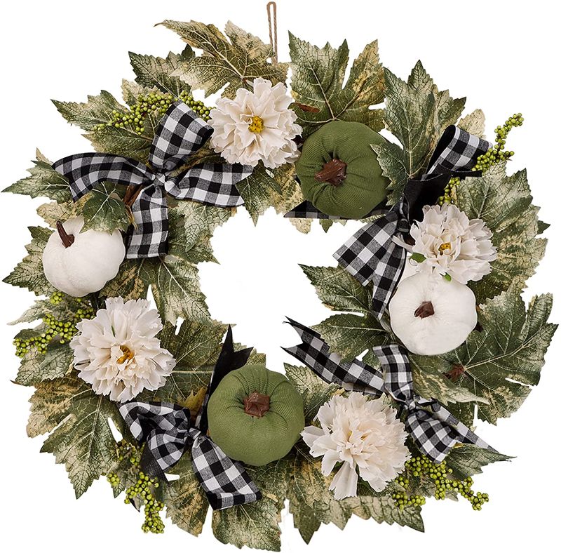 Photo 1 of Brwoynn Fall Door Wreath, Thanksgiving Harvest Door Wreath for Front Door with Black & White Buffalo Plaid, Artificial Wreath for Fall Autumn Harvest Thanksgiving Farmhouse Decorations

