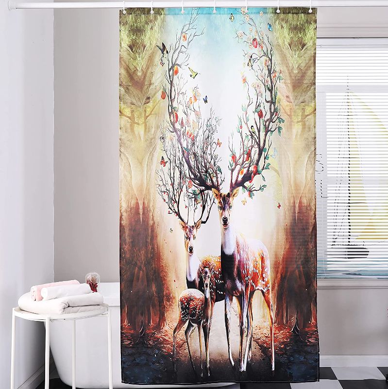 Photo 1 of Awnmeow Forest Deers Shower Curtain for Bathroom - Waterproof Fabric Nature Three Deers Bath Curtain with 6 Hooks, Machine Washable Printing Decor, 72x36 inches
