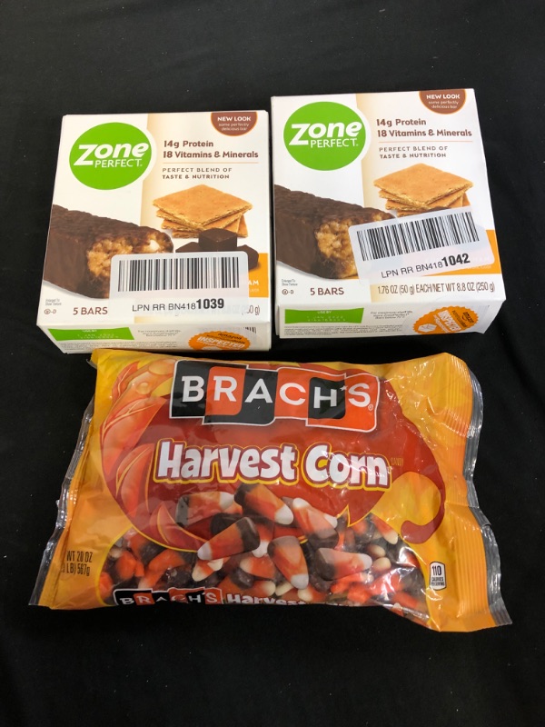 Photo 3 of 3PC LOT
ZonePerfect Protein Bars, Fudge Graham, 14g of Protein, Nutrition Bars With Vitamins & Minerals, Great Taste Guaranteed, 5 Bars, EXP 01/01/2022, 2 COUNT

Brach's Indian Corn Candy 20OZ, EXP 05/2022
