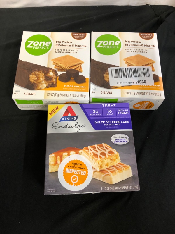 Photo 3 of 3PC LOT
ZonePerfect Fudge Graham Protein Bars, EXP 012/ 01/2022, 2 COUNT

Atkins Endulge Treat Dessert Bar Dulce De Leche Cake, 5 Count EXP 01/27/2022

