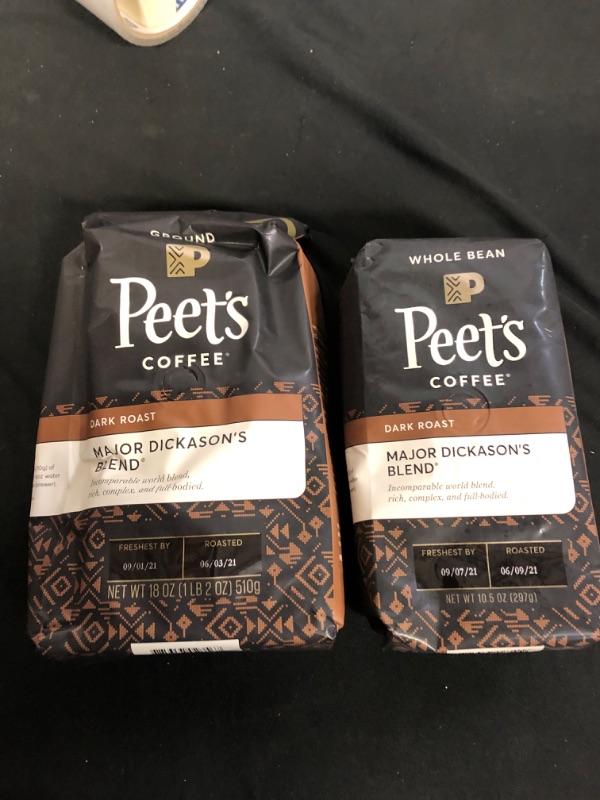 Photo 3 of 2PC LOT
Peet's Coffee, Major Dickason's Blend - Dark Roast Whole Bean Coffee - 10.5 Ounce Bag, EXP 09/07/2021
Peet's Coffee, Major Dickason's Blend - Dark Roast Ground Coffee - 18 Ounce Bag 09/01/2021

