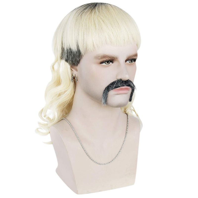 Photo 1 of Anogol Wig + { 1 Chain + 8 Earrings + 1 Mustache } Shoulder Length Wavy Wig for Men Blonde Ombre Black Wig for 80s Rocker Cosplay Wig
