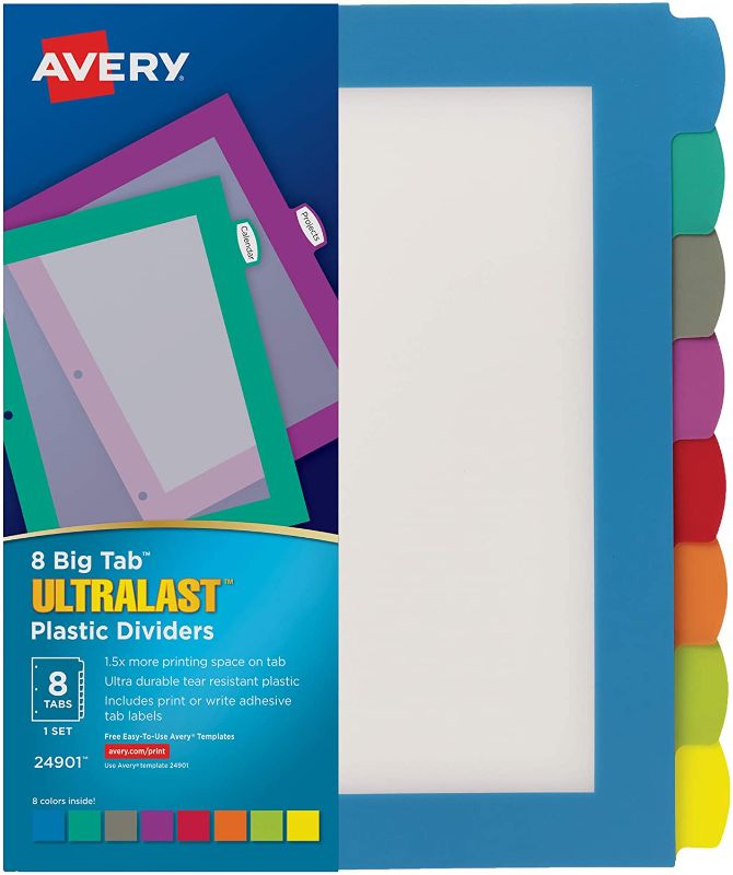 Photo 1 of Avery 8-Tab Ultralast Plastic Binder Dividers, Multicolor Big Tabs, 1 Set (24901)
3 COUNT