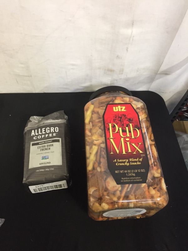 Photo 1 of 2PC LOT
Allegro Coffee Extra Dark French Roast Ground Coffee, 12 oz, EXP 06/12/21

Utz Pub Mix - 44 Ounce Barrel - Savory Snack Mix, Blend of Crunchy Flavors for a Tasty Party Snack - Resealable Container - Cholesterol Free and Trans-Fat Free EXP 01/10/22