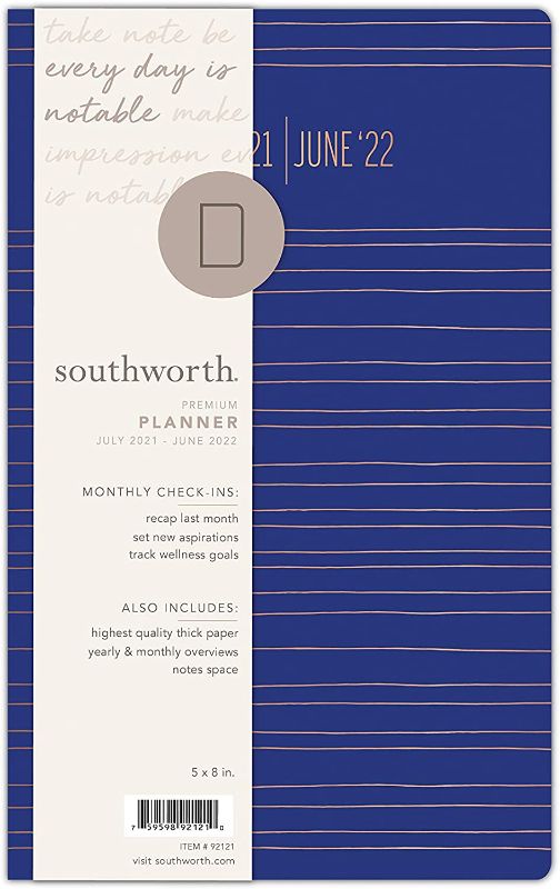 Photo 1 of Southworth Academic Planner (July 2021-June 2022), 5" x 8", Cobalt Metallic Stripe, 28 lb./105 gsm Paper, Small Flex (92121)
3 COUNT