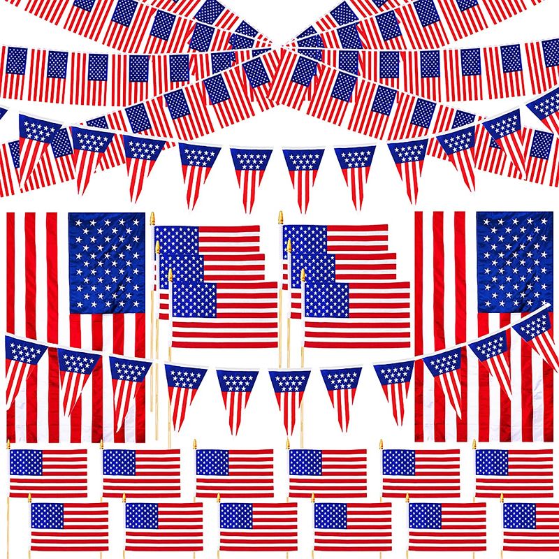 Photo 1 of 23 Pcs Assorted Patriotic American Flag Outdoor Decorating Kit USA American Flag Lawn Garden Flag on Sticks Plastic Flag Banner Pennant Banner for 4th of July Patriotic Party Parade Float Decorations
