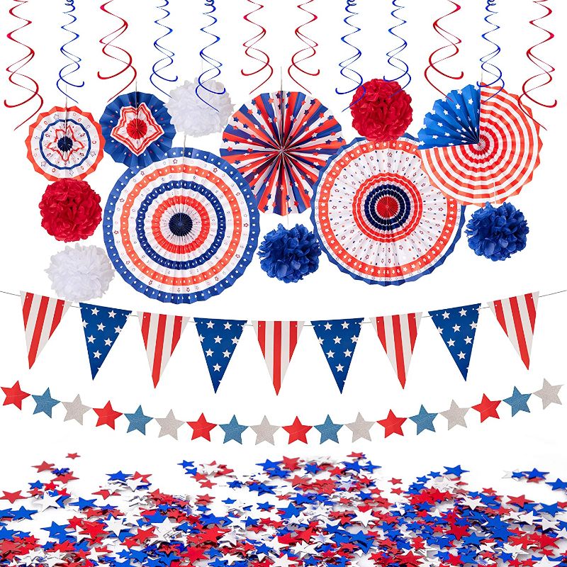 Photo 1 of  4th/Fourth of July Patriotic Decorations Set - Red White Blue Paper Fans,USA Flag Pennant
