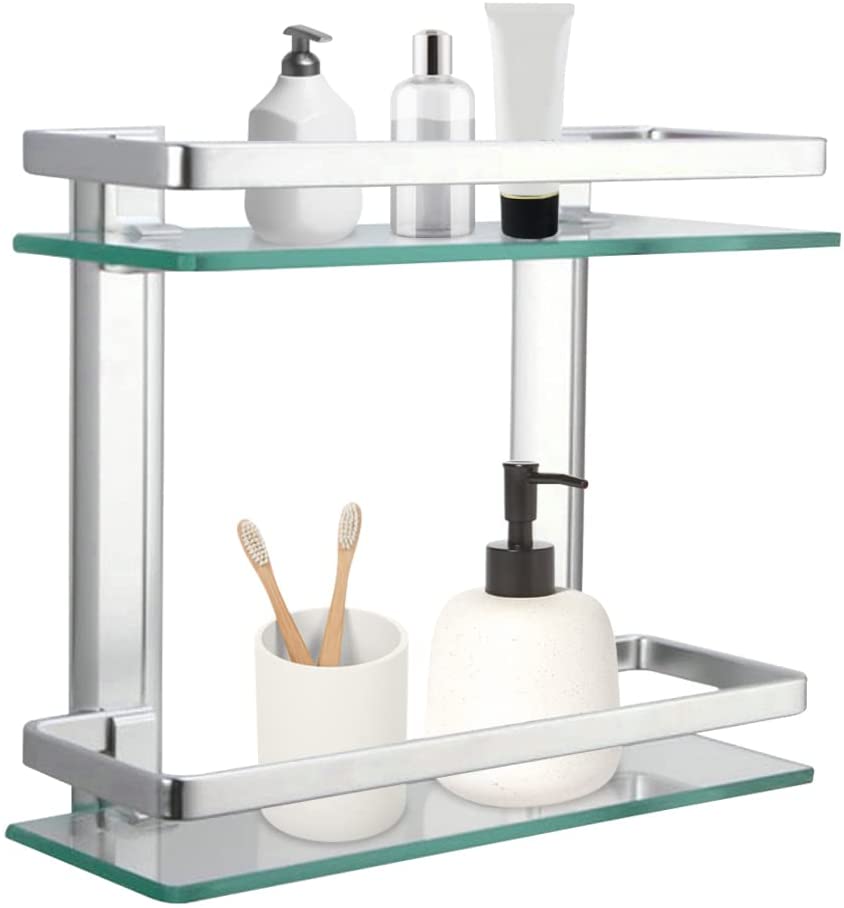 Photo 1 of 2 Tier Bathroom Glass Shelves, Wall Mounted Tempered Glass Shelf Organizer Storage Holder with 14 Inch Rectangular Glass 8mm Thick, and Aluminum Rail for Shower Lavatory, Hardware Included
