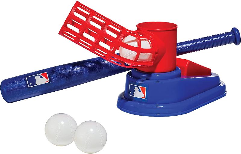 Photo 1 of Franklin Sports Kids Baseball Pitching Machine - Pop A Pitch Baseball Batting Machine with Youth Bat + 3 Plastic Baseballs - Boys + Girls Baseball Toy
