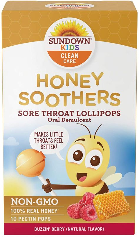 Photo 1 of 3x Sundown Kids Honey Soother Sore Throat Lollipops, Non-GMO, Rasberry, 10 Pectin Pops
