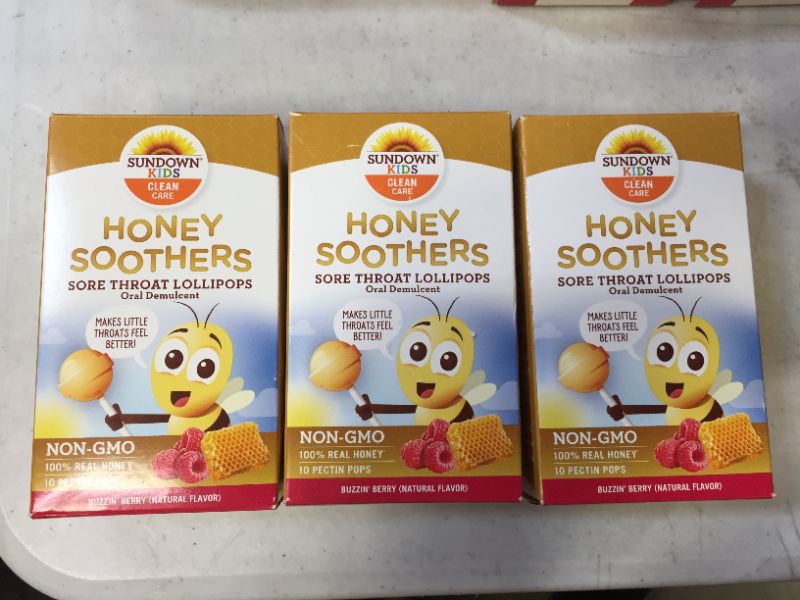 Photo 2 of 3x Sundown Kids Honey Soother Sore Throat Lollipops, Non-GMO, Rasberry, 10 Pectin Pops
