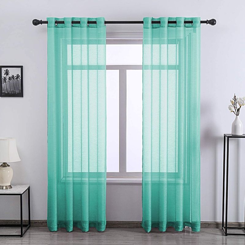 Photo 1 of 96 Inch Sheer Curtains Grommet 2 Panel Faux Linen Voile Drapes Textured Sheer Curtains for Living Room Bedroom,Turquoise
