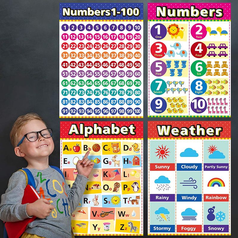 Photo 1 of Educational Posters for Kindergarten, Preschool Learning Posters, Laminated Learning Charts for Toddlers, Elementary Posters for Classroom, School Supplies Includes Numbers, Time (12 Pack A)
