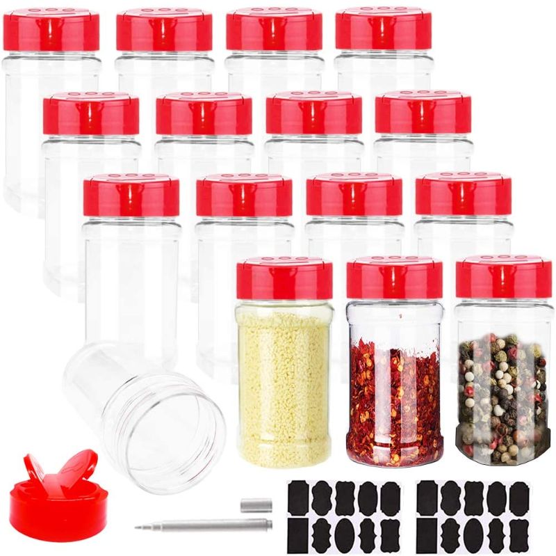 Photo 1 of 16 PCS 7oz Plastic Seasoning Containers with Red Screw Lids to Pour or Shake,Empty Clear Spice Jars with Chalkboard Labels and Chalk Marker,Storage Seasoning Containers for Spice,Herbs and Powders
