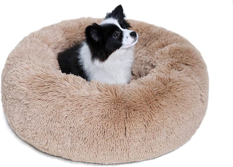 Photo 1 of 23'' Plush Calming Dog Bed Anti-Anxiety Donut Cuddler Machine Washable Anti-Slip Pet Bed with Waterproof Bottom Faux Fur Dog Bed Cat Bed for Small Dogs Cats 