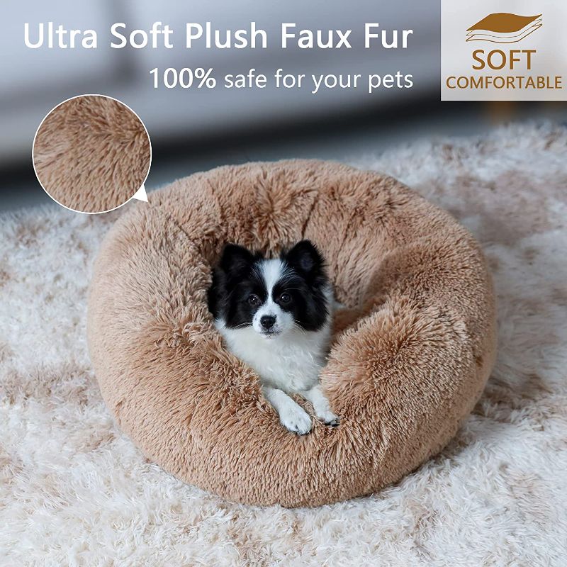 Photo 2 of 23'' Plush Calming Dog Bed Anti-Anxiety Donut Cuddler Machine Washable Anti-Slip Pet Bed with Waterproof Bottom Faux Fur Dog Bed Cat Bed for Small Dogs Cats 